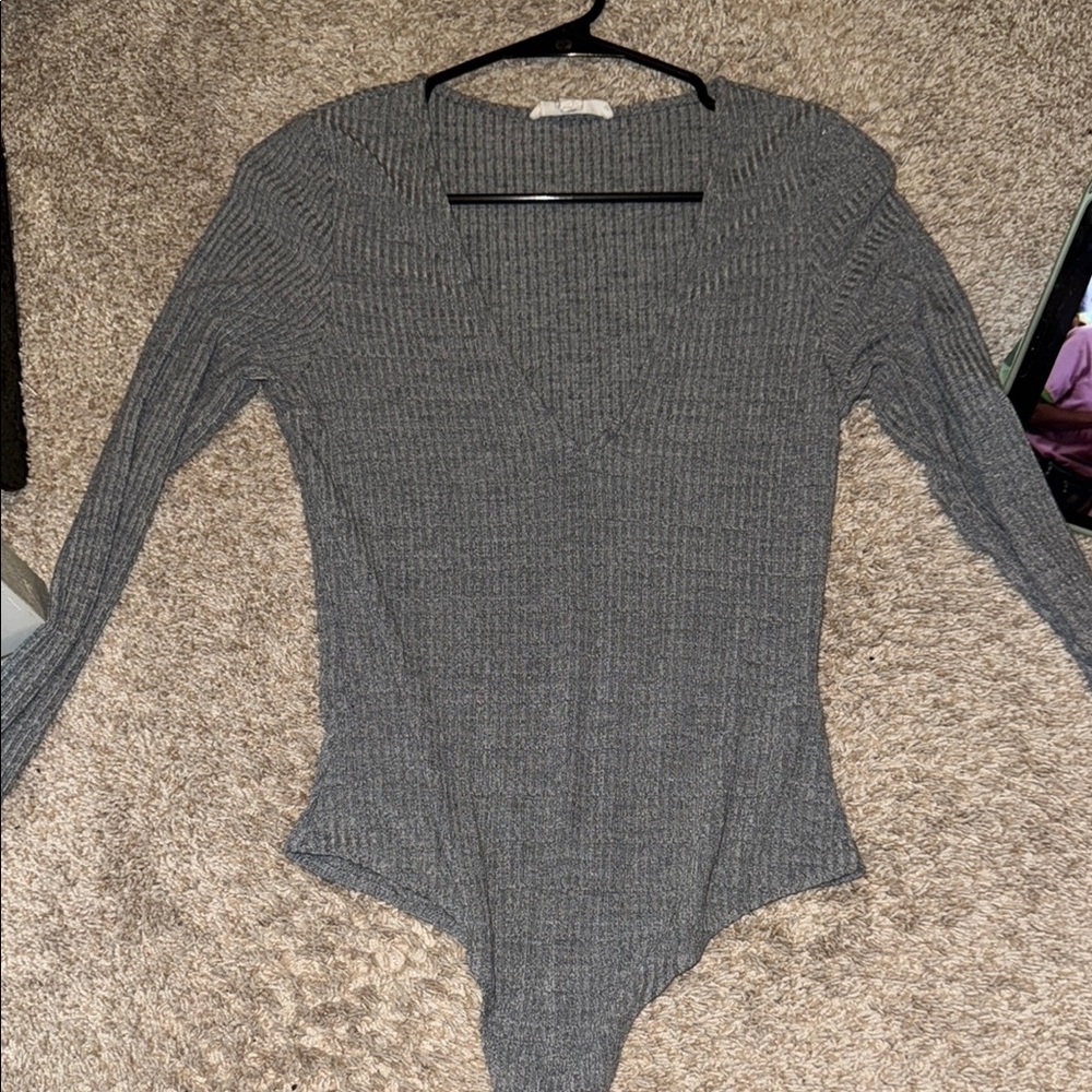 Honey Punch Gray Ribbed Long Sleeve Bodysuit